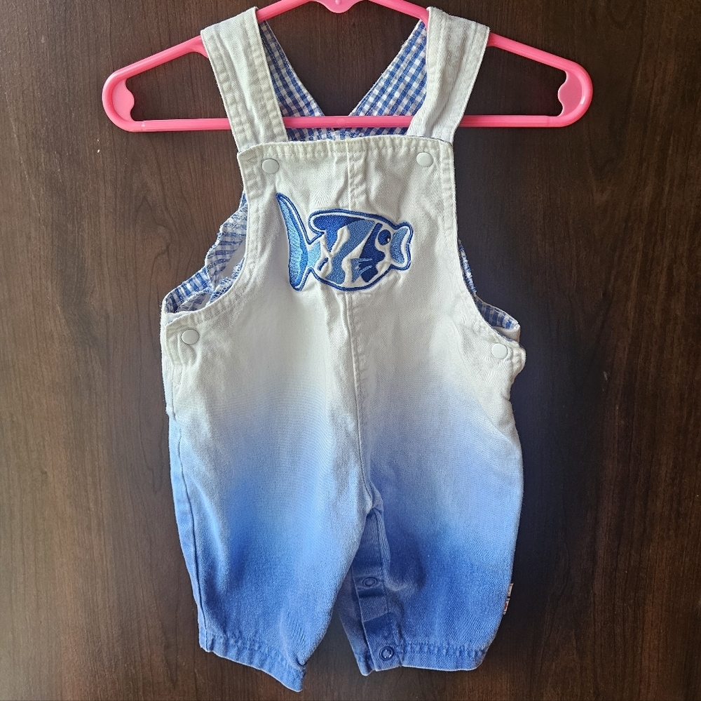 Blue and White Kids Overalls with Fish Design Size 0-3 Months